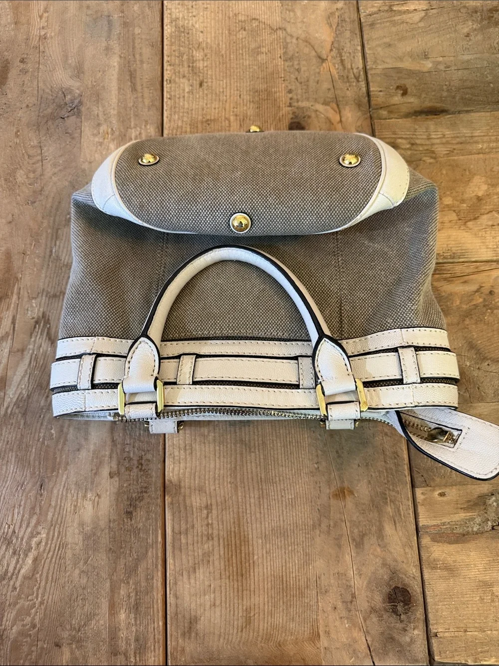 Michael Kors Beige Canvas Shoulder Bag with White Leather Trim